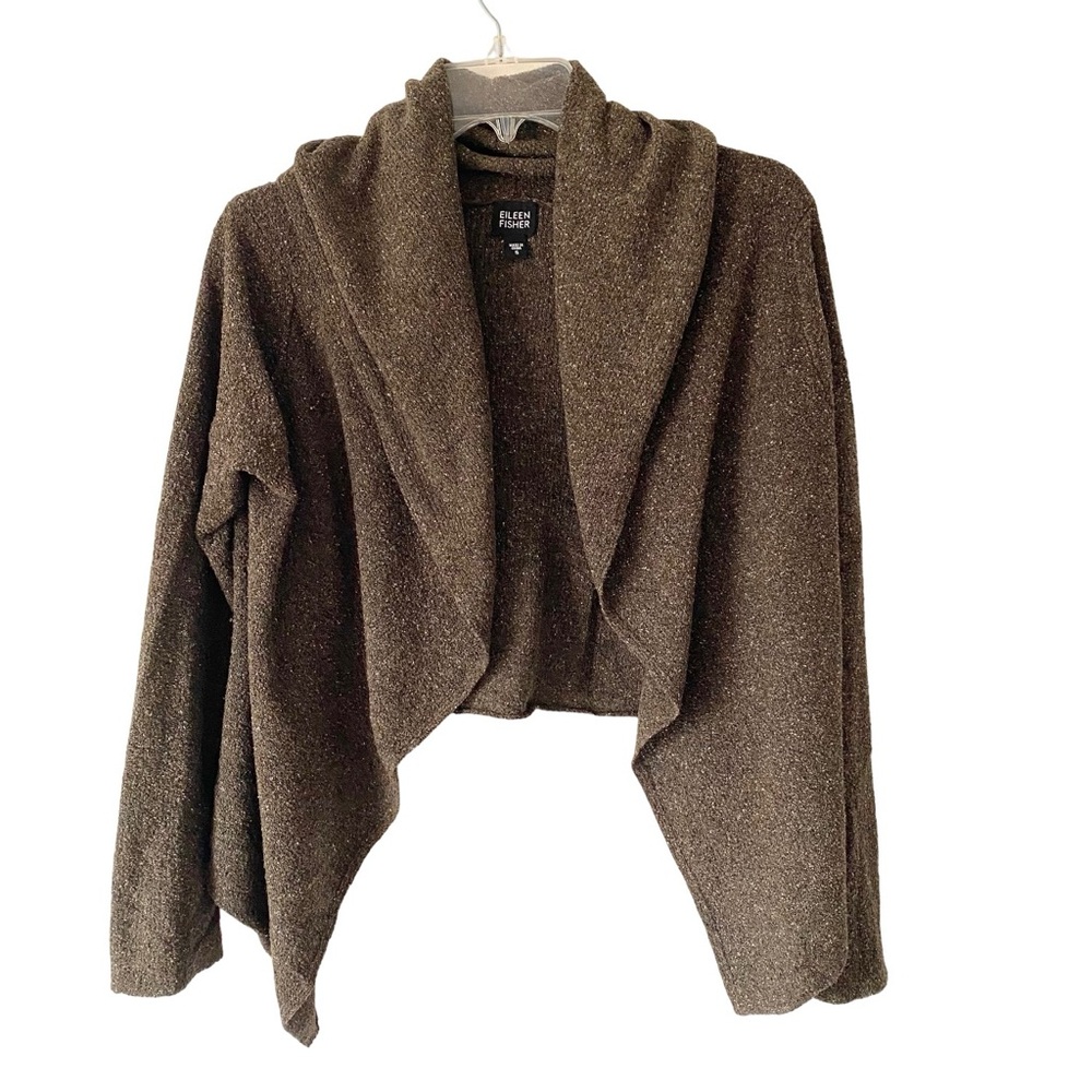Eileen Fisher Silk Blend Open Drape Front Brown Speckled Cardigan Sweater small